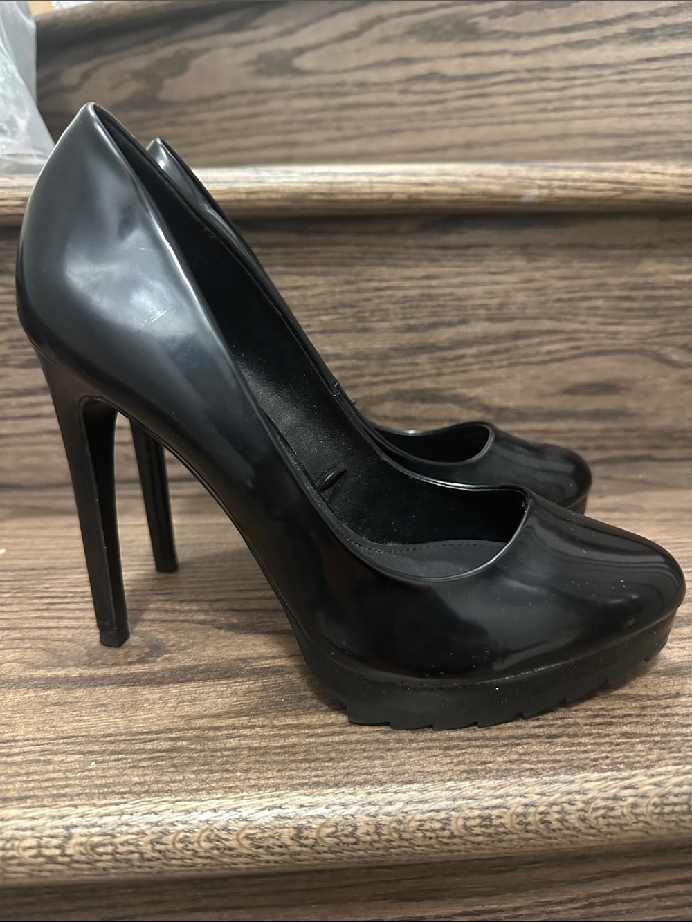 Zara Black Faux Leather Almond Toe High Heel Pumps